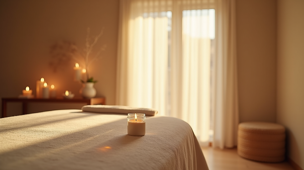 Eye-level view of a serene massage room with soft lighting and calming decor