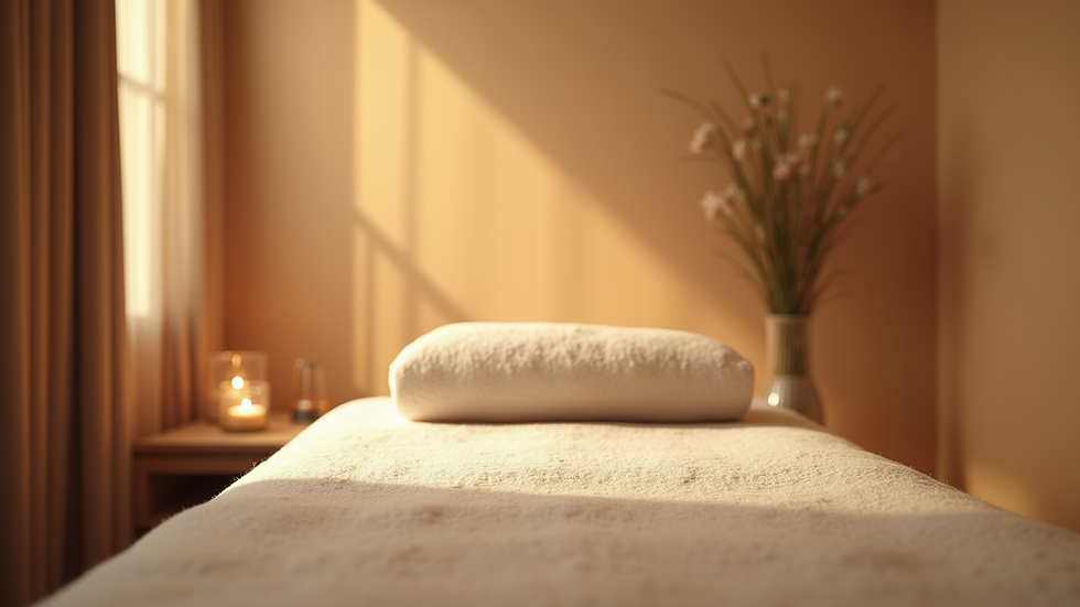 Eye-level view of a serene massage room with soft lighting and a massage table