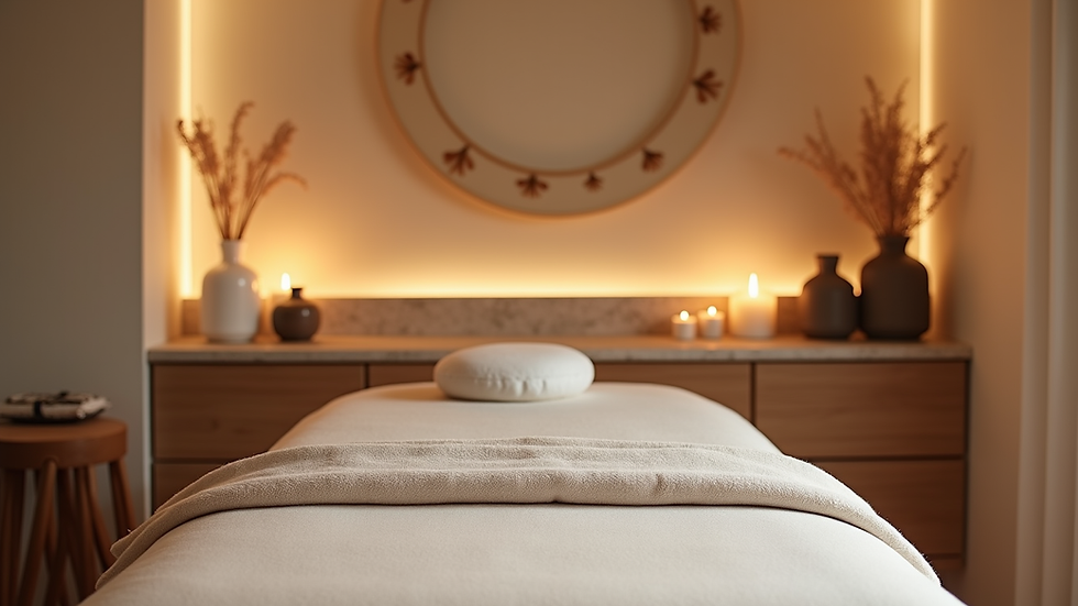 Eye-level view of massage room with calming decor and massage table