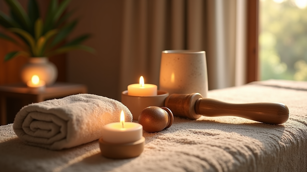 High angle view of a peaceful spa setting with Thai massage tools arranged neatly