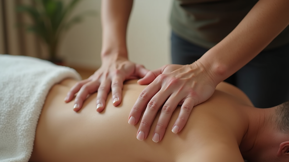 Close-up view of massage therapist applying firm pressure on back muscles