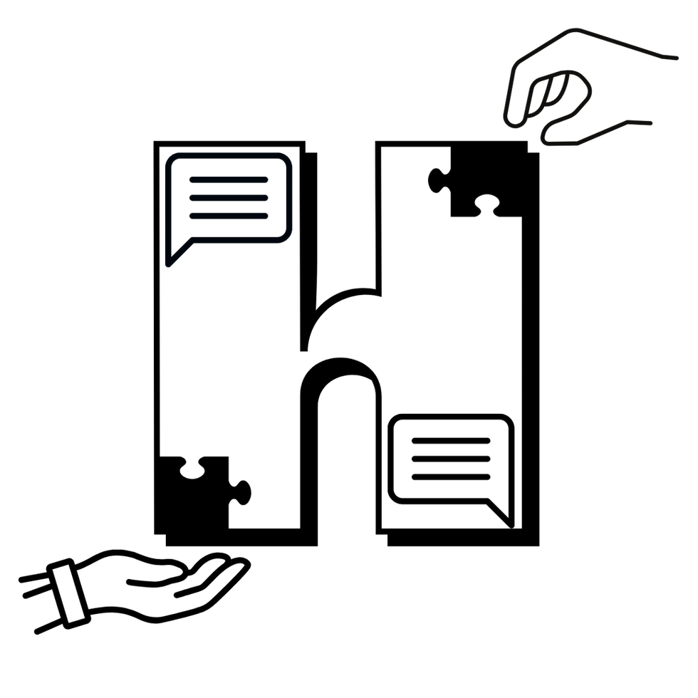 Handovers 'H' logo with two hands on either side, one giving a puzzle piece, one taking a puzzle piece.