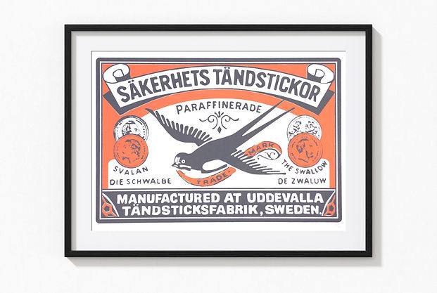 Swallow matchbox label screen print in frame
