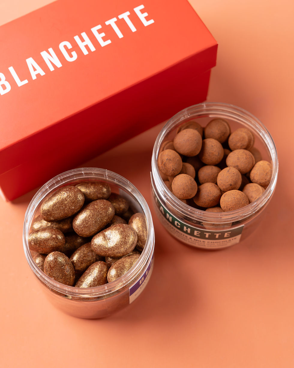 Blanchette gift box with two jars of chocolate dragées, shimmer-coated dark chocolate almonds and cocoa-dusted milk chocolate