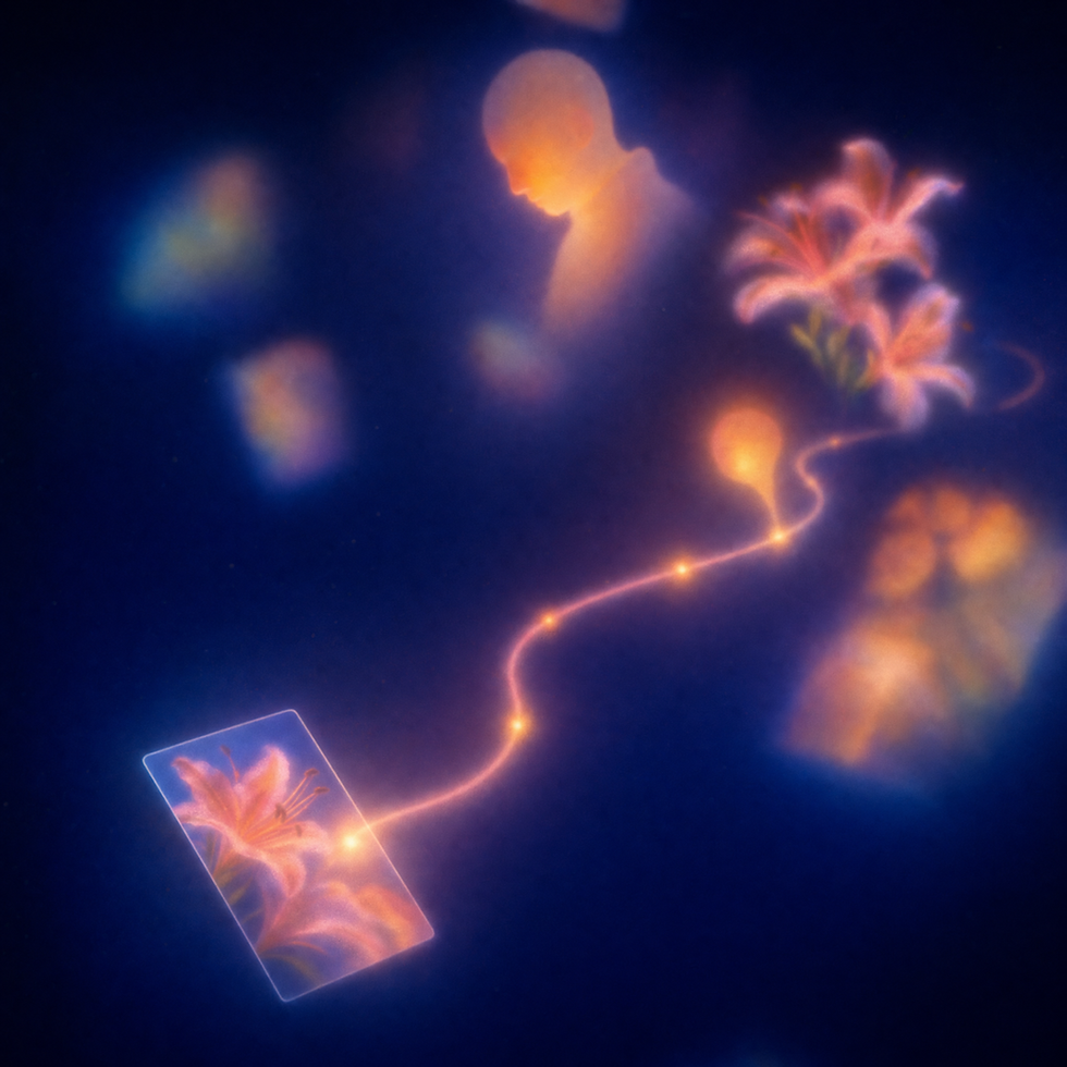 A soft luminous CHANCE AI scene showing a failed reverse image search turning into clue-based context