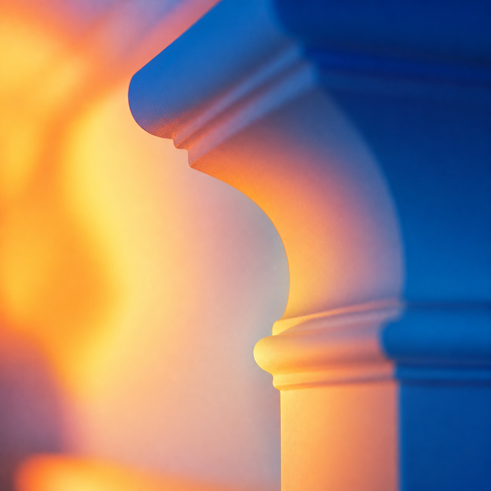 A luminous close-up molding profile with soft painted wood curves and shadow lines