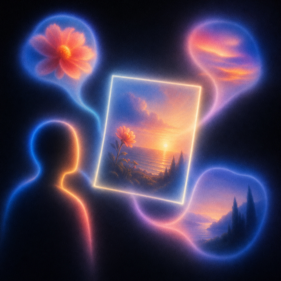 A CHANCE AI image description scene with a glowing photo plane and soft context fragments
