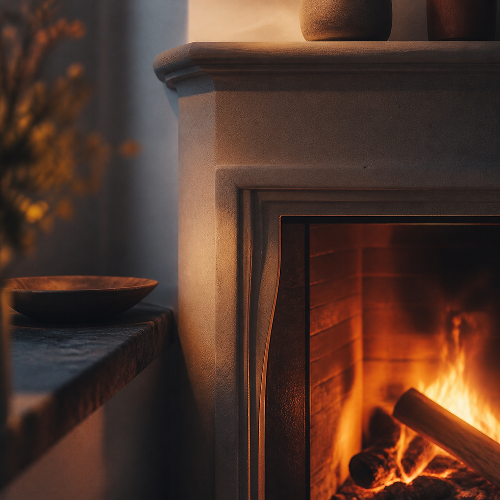 A luminous close-up fireplace mantel and hearth with warm glow and visible surround details