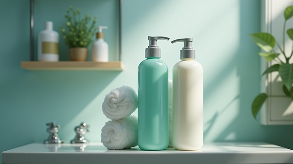 High angle view of dog shampoo and conditioner bottles on bathroom shelf