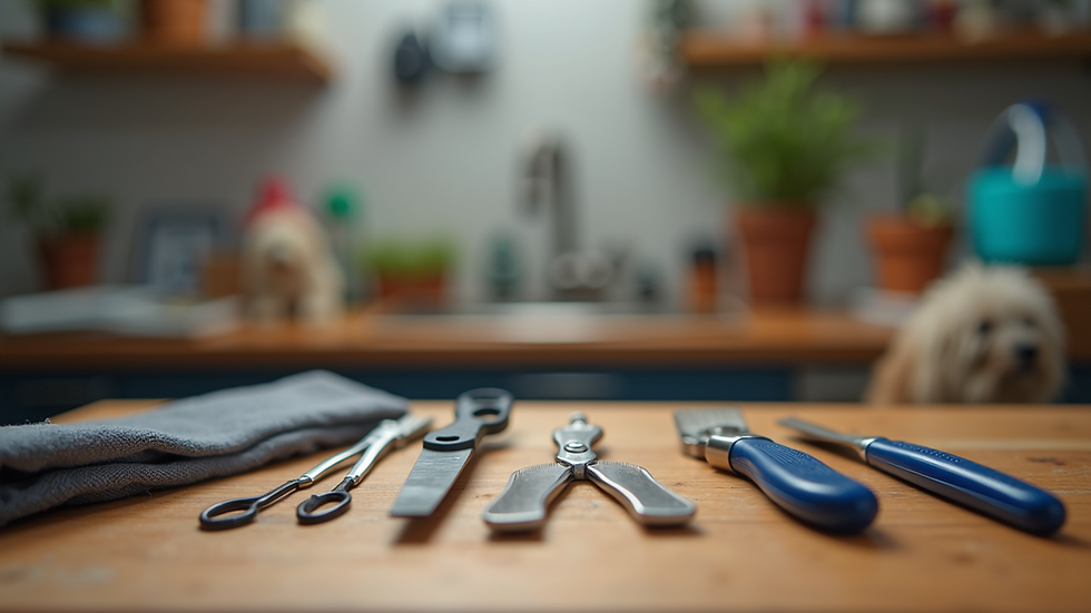 Eye-level view of neatly arranged pet grooming tools on a wooden table
