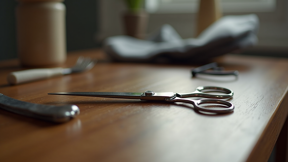 Eye-level view of grooming scissors and nail clippers on a wooden table