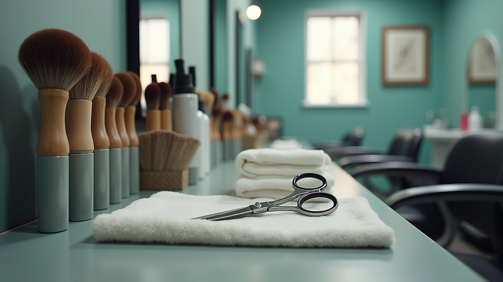 Eye-level view of a grooming station with brushes, scissors, and towels neatly arranged