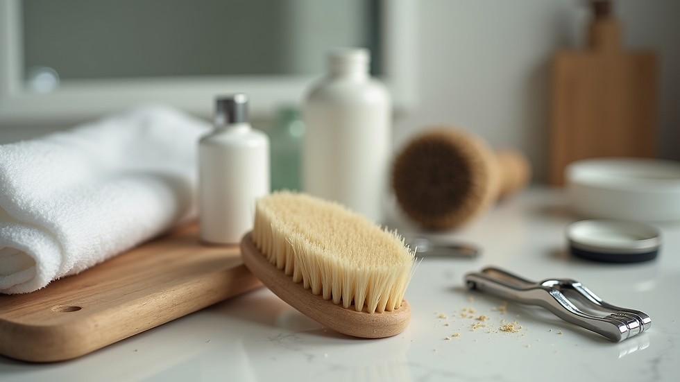 Close-up view of grooming tools including brushes, nail clippers, and shampoo bottles on a countertop