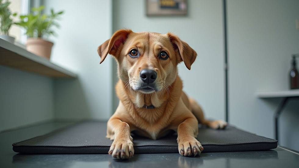 Eye-level view of a dog calmly sitting on a grooming table with a non-slip mat