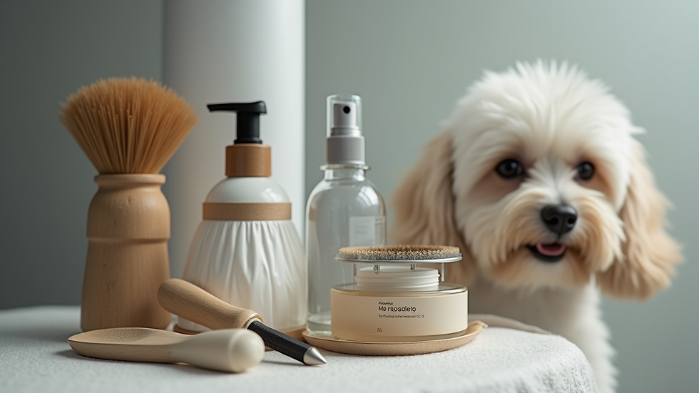 Close-up view of grooming tools and luxury dog care products arranged neatly