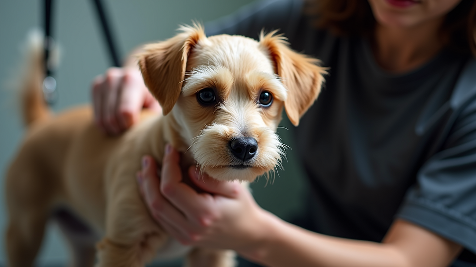 Close-up view of a dog groomer trimming a dog's fur