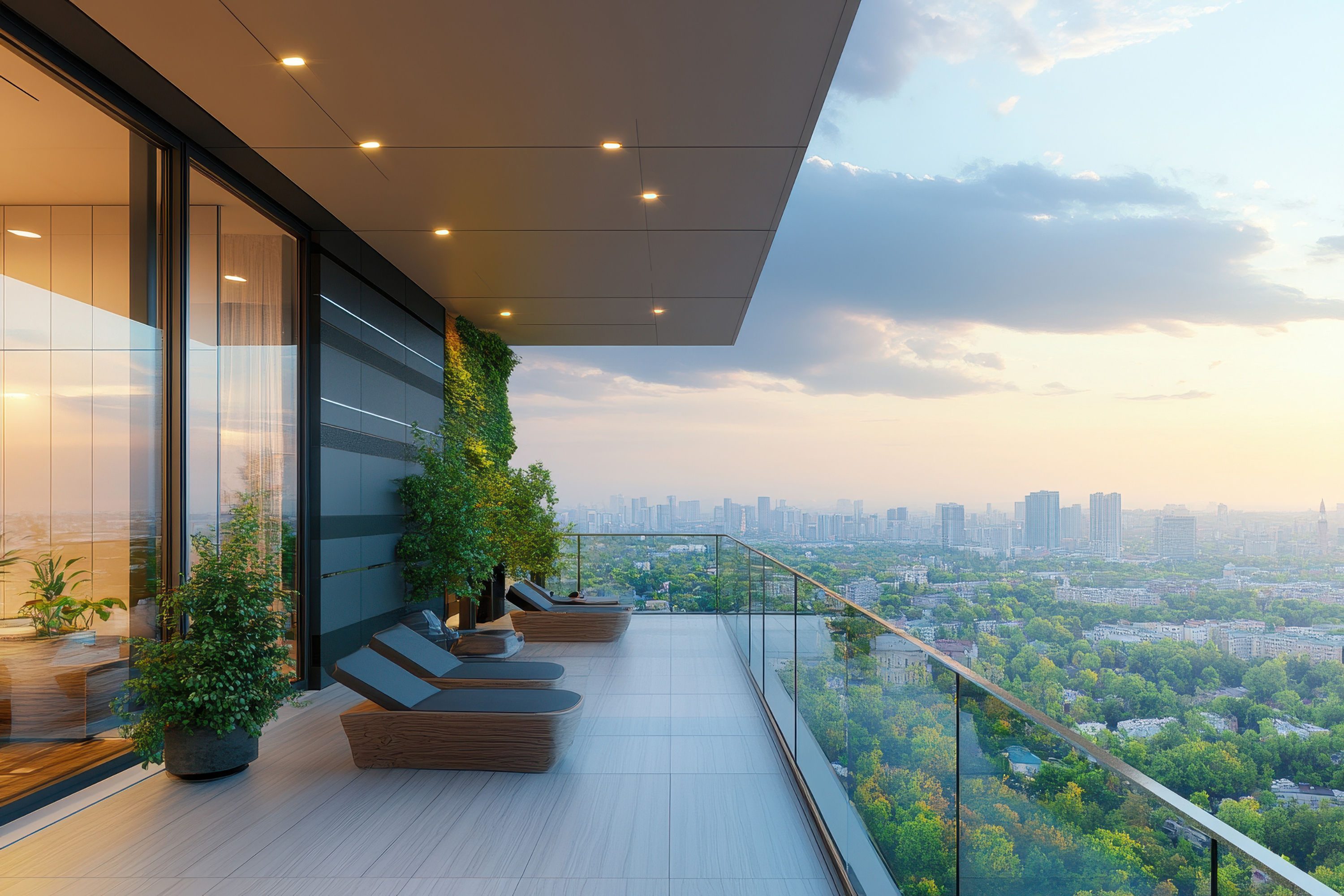 Modern balcony with city view, glass railing, lounge chairs, and green plants.