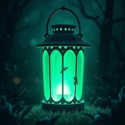 a flurosescent green lantern glowing in the night with bugs flying around it. no other col