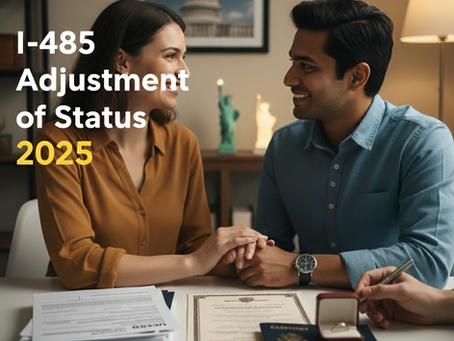 Couple preparing documents for the I-485 Adjustment of Status process in 2025, sitting together at a table during a USCIS-related consultation.