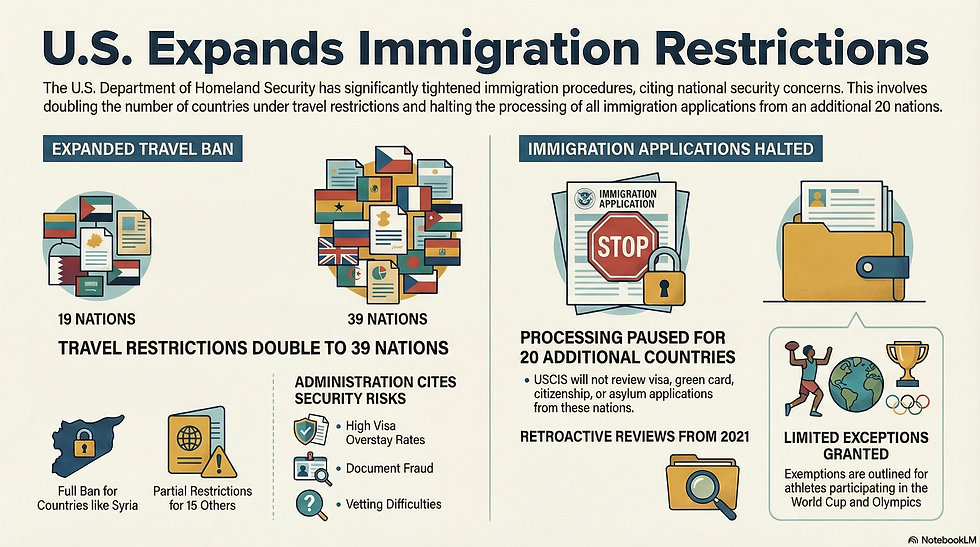 Infographic titled "U.S. Expands Immigration Restrictions" showing legal immigration pause for 39 high-risk countries, suspension of the Diversity Visa (green card lottery) program, USCIS case processing freeze for 20 additional nations, retroactive security re-vetting of applications since 2021, and limited exceptions for global events like the World Cup and Olympics. Includes icons of travel bans, locked immigration files, security screening, and athletes allowed entry under national interest waivers.