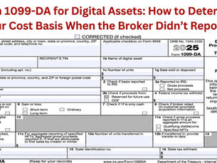 Form 1099-DA 2025 for digital assets showing broker transaction boxes with no cost basis reported