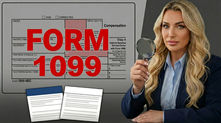 A small business owner sitting at a desk with tax documents, invoices, and a laptop, looking concerned while reviewing overdue 1099 tax paperwork and IRS-related forms