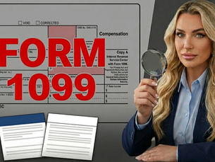A small business owner sitting at a desk with tax documents, invoices, and a laptop, looking concerned while reviewing overdue 1099 tax paperwork and IRS-related forms