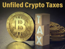 Gold Bitcoin coins next to wooden blocks spelling “TAX,” with the title “Unfiled Crypto Taxes” at the top, representing overdue cryptocurrency tax reporting and unfiled crypto tax returns