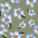 Seamless pattern of light blue flowers on olive green background.