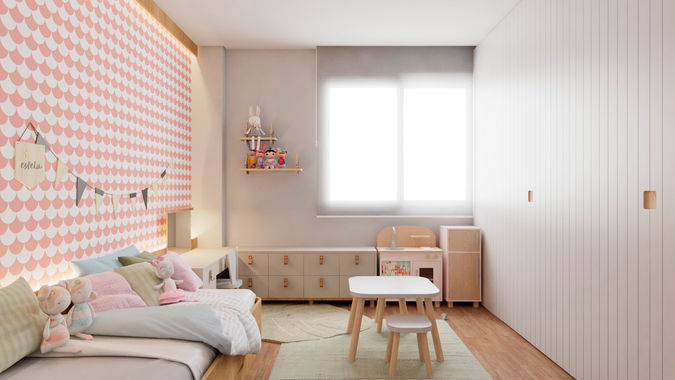 Quarto de menina com layout funcional, iluminação natural e decoração delicada, projeto de arquitetura residencial em Curitiba.