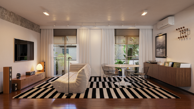 Área social integrada em projeto de arquitetura e interiores residencial.