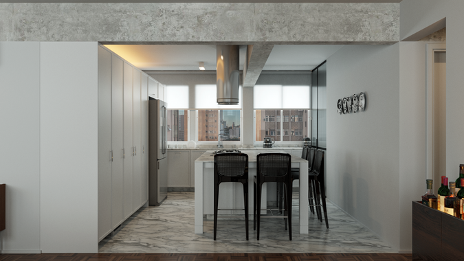 Cozinha integrada do Apartamento Leonor com ilha central.