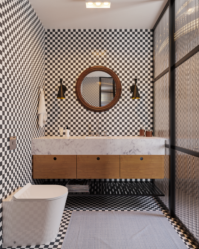 Banheiro com revestimento geométrico em projeto de interiores residencial.