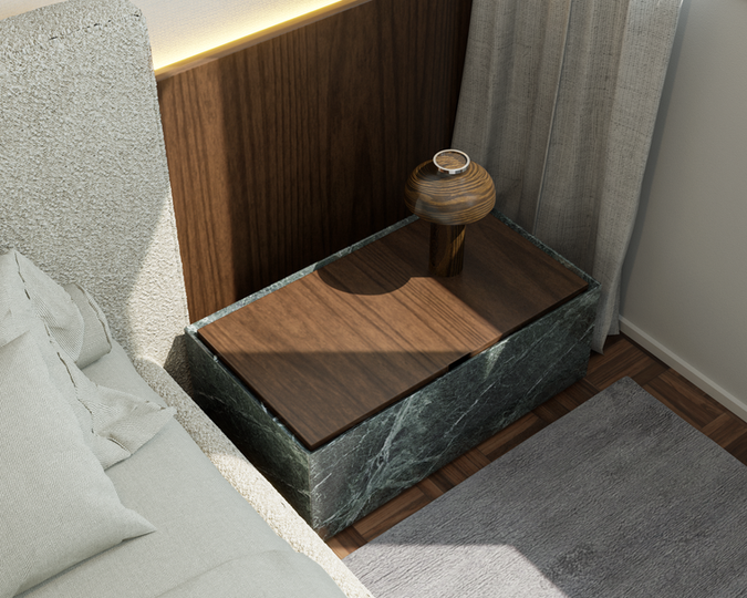 Detalhe do criado-mudo na suíte do Apartamento Leonor.