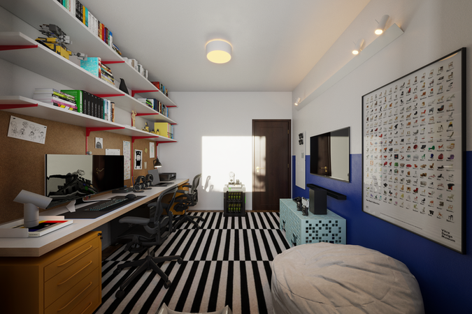 Quarto de solteiro do Apartamento Sete Quedas com área de estudo integrada ao ambiente.