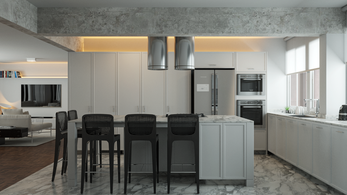 Cozinha do Apartamento Leonor com ilha e marcenaria clara.