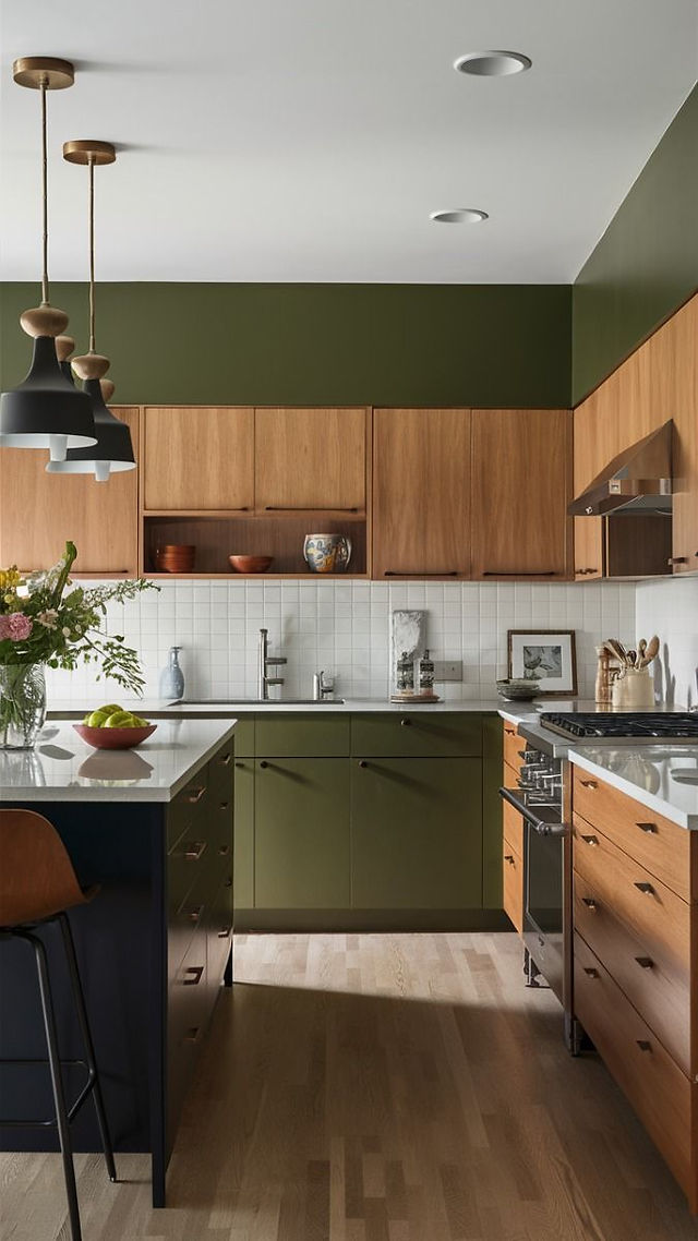 Cozinha em marcenaria verde e madeira