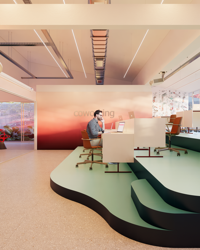 Ambiente de coworking do Distrito 28, com layout fluido e estímulo à colaboração profissional.