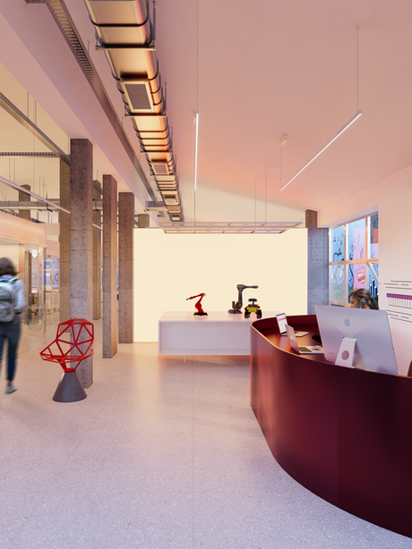 Hub de inovação tecnológica com área de recepção e exposição de produtos.