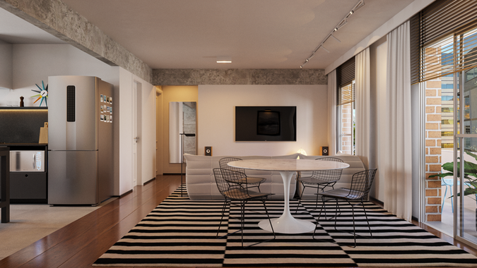 Visão geral da sala de estar em apartamento residencial contemporâneo.