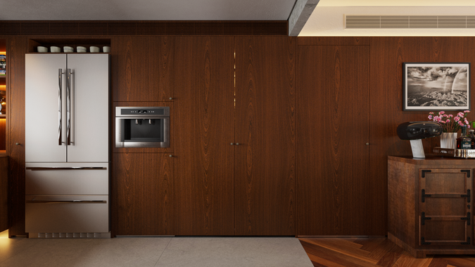 Cozinha do Apartamento TK com marcenaria em madeira, eletrodomésticos embutidos e iluminação quente.