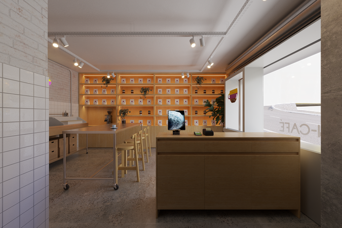 Vista interna do BEN Café a partir do balcão de atendimento, projeto de arquitetura comercial em Curitiba.