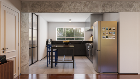 Cozinha integrada do apartamento A&E com viga em concreto aparente.