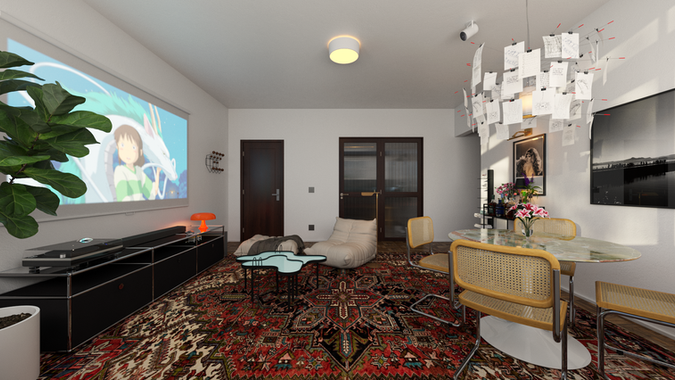 Detalhe do mobiliário da sala de estar do Apartamento Sete Quedas com composição contemporânea e tons quentes.