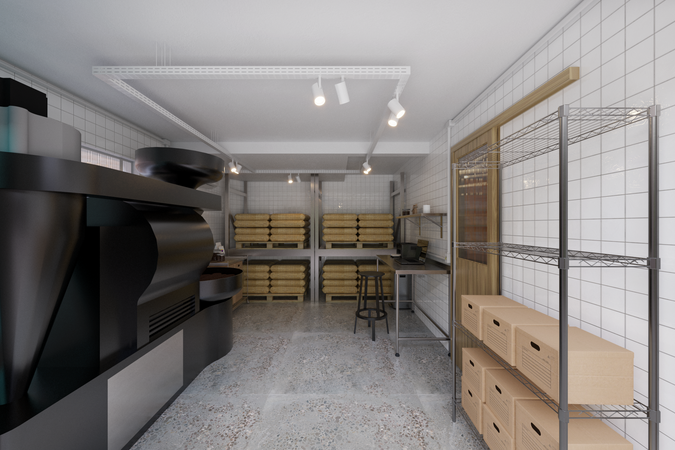 Equipamentos industriais do BEN Café integrados à área técnica, projeto de arquitetura comercial em Curitiba.