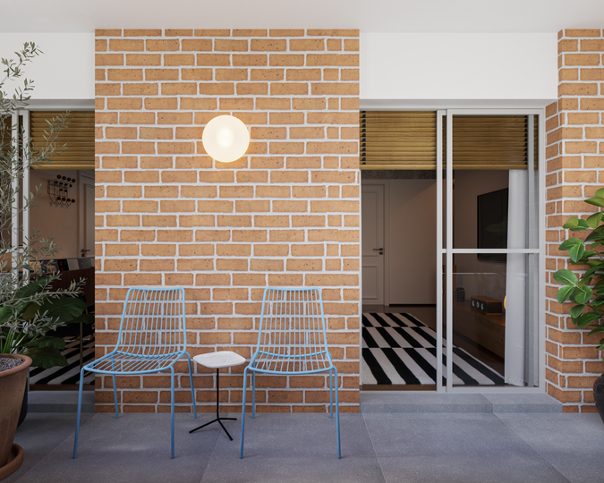 Varanda com revestimento em tijolo aparente em apartamento residencial.