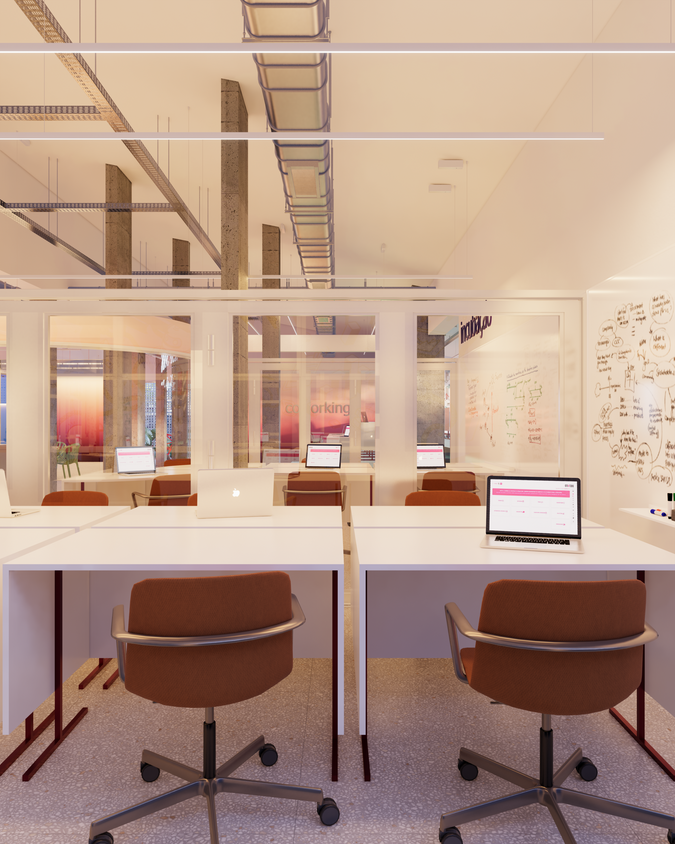 Espaço de aceleração do Distrito 28 projetado para equipes de startups, com layout funcional e ambiente corporativo contemporâneo.