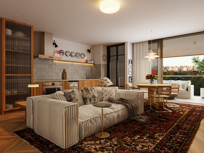 Visão geral da sala de estar em apartamento residencial.