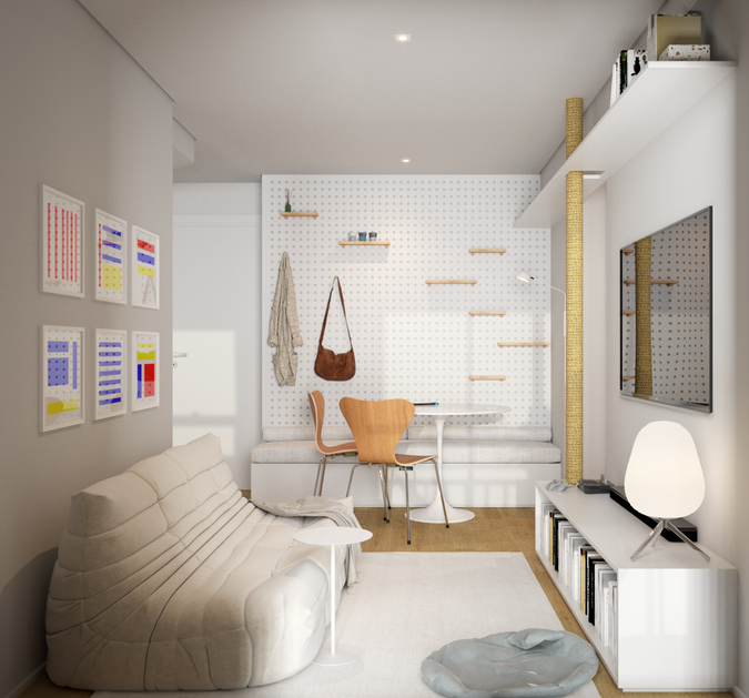 Sala de estar integrada ao jantar com layout funcional e iluminação natural, projeto de arquitetura de interiores em Curitiba.