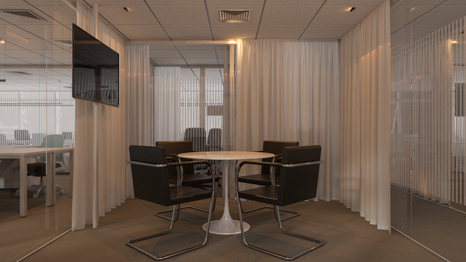 Sala de reunião fechada do escritório SCFN com iluminação controlada.